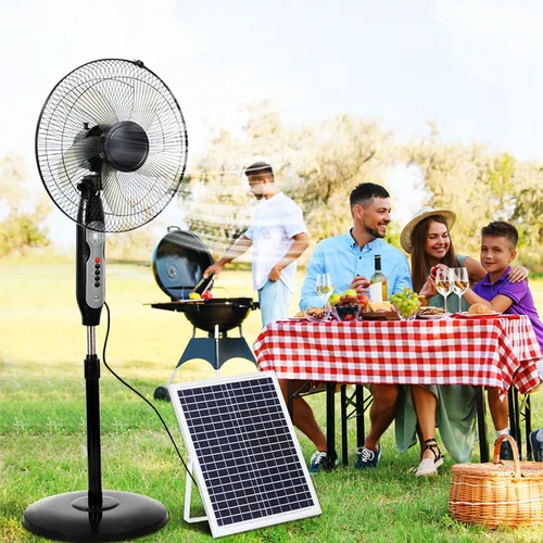 Vista 7 de Ventilador con energía solar, ventilador de pedestal de 16 pulgadas con panel solar, ventilador oscilante de pie de 5 aspas, ventilador de escape