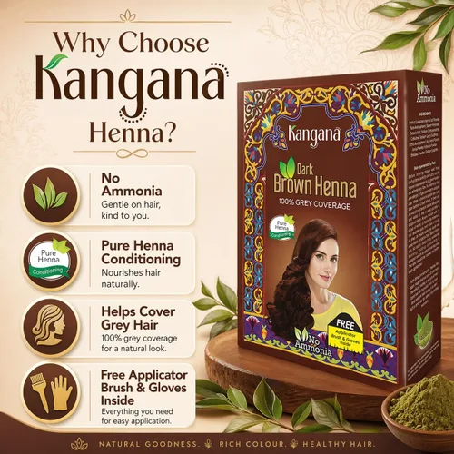 Vista 2 de Kangana - Tinte para el cabello castaño oscuro con henna y hierbas, sin amoníaco, 6 bolsas Marrón oscuro de larga duración de henna e ingredientes