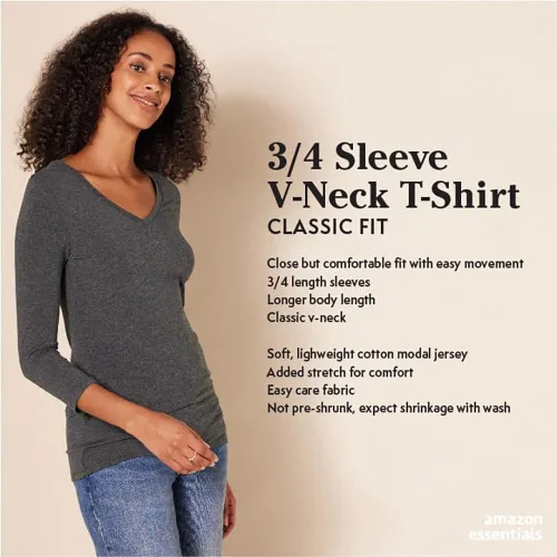 Vista 2 de Tienda Essentials Camiseta de manga 34 con cuello en V para mujer (disponible en tallas grandes), varios paquetes