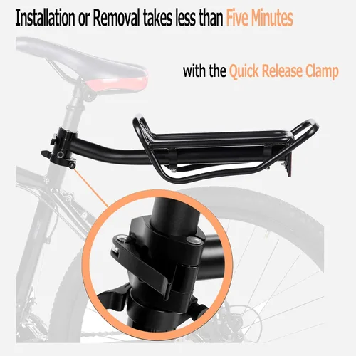 Vista 5 de Portaequipajes trasero para bicicleta con abrazadera de liberación rápida, estante retráctil de carga de bicicleta de aleación de aluminio, marco
