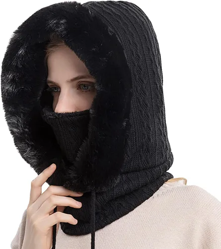 Vista 2 de Gorro de lana de una pieza para mujer, bufanda, pasamontañas, cálido, invierno, resistente al viento, con cordón
