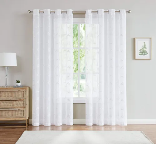 Vista 13 de Cortinas LinenZone de piso a techo para ventanas extra anchas. Cortinas transparentes blancas para divisores de habitación con bordado de hojas rosa