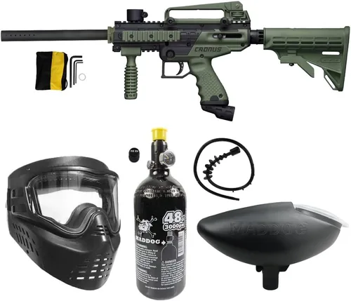 Vista 9 de Maddog Tippmann Cronus Tactical Paintball Gun Marker and Bronze Accessory Starter Package Comes with Marker, Anti-Fog Mask, Hopper, Harness, Pods