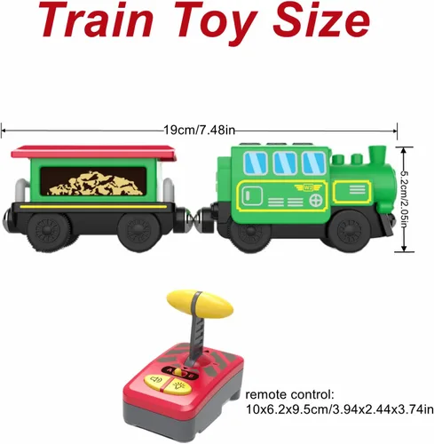 Vista 6 de Juego de tren de locomotora a pilas para pista de madera, vehículos magnéticos de control remoto eléctrico de juguete con potente luz de motor