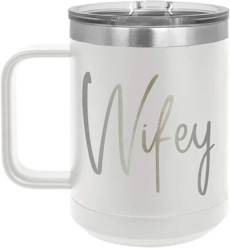 Vista 19 de WIFEY B Negro 15 oz taza de café w/tapa superior deslizante Taza de café de viaje aislado Ideas de regalo de cumpleaños o Navidad de mujeres