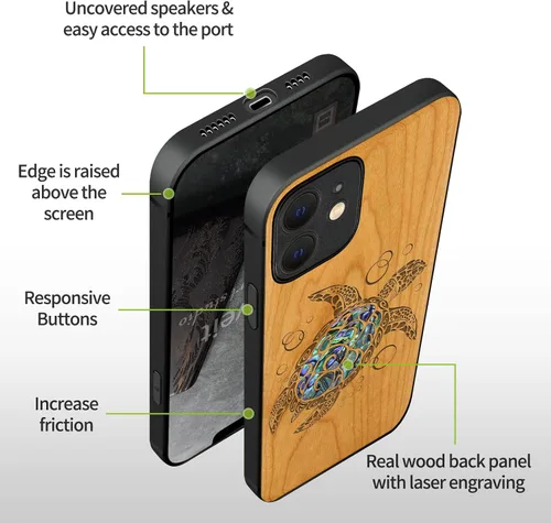 Vista 6 de Carveit Funda protectora de madera de diseñador para iPhone 12 (grabado en madera e incrustaciones de carcasa), funda de madera compatible con Cereza