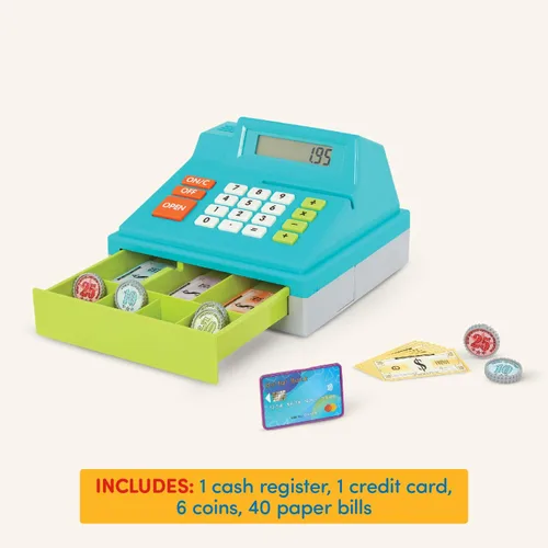 Vista 4 de Battat Caja registradora de juguete para niños, niños pequeños - 48 piezas con dinero de juguete, tarjeta de crédito - Juego de simulación - Más