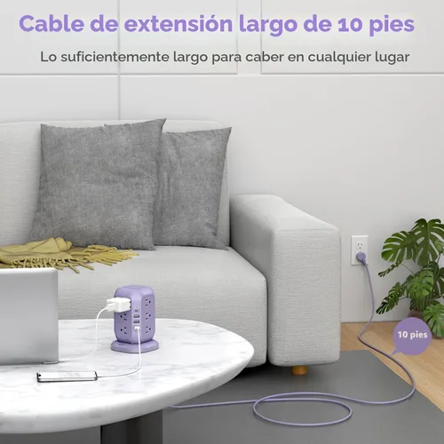 Vista 2 de Regleta de alimentación USB C en forma de torre, protector de sobretensiones con 12 tomas de CA y 4 puertos USB, AiJoy cable de extensión de 10