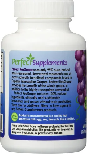 Vista 4 de Perfect ResGrape Max, 60 cápsulas vegetales por botella (paquete de 3) ~ 99% Trans-resveratrol y uva muscadina ~ Suplemento antienvejecimiento