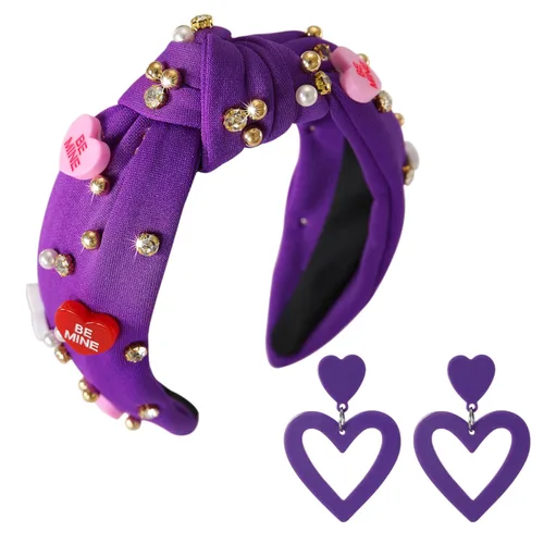 Vista 13 de Diademas de corazón de caramelo para el día de San Valentín para mujer, diadema de corazón de conversación de amor con diamantes de imitación