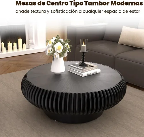Vista 3 de Mesa de centro de tambor de 31.5 pulgadas, moderna y única, mesa de té acanalada, mesa de centro redonda de madera contemporánea con mesa central