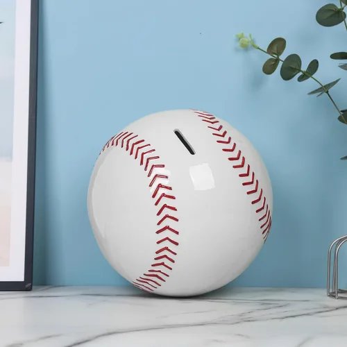 Vista 2 de Hucha de béisbol grande de cerámica blanca para niños, banco de monedas deportivo, caja de dinero para decoración de dormitorio, 7.8 pulgadas