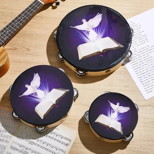 Vista 5 de Boao - 6 paquetes de pandereta de 6'' 8'' 10'' con diseño de paloma y biblia, pandereta de mano para adultos con doble fila de cascabeles, tambor