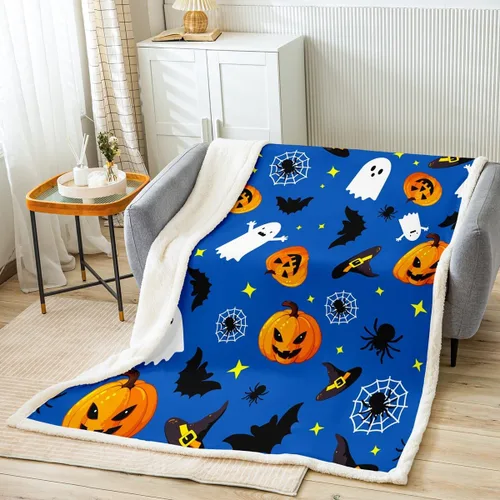 Vista 12 de Manfei Manta de Halloween con farol de calabaza, fantasmas, para decoración de habitación de niños y niñas, manta de araña negra para sofá, manta
