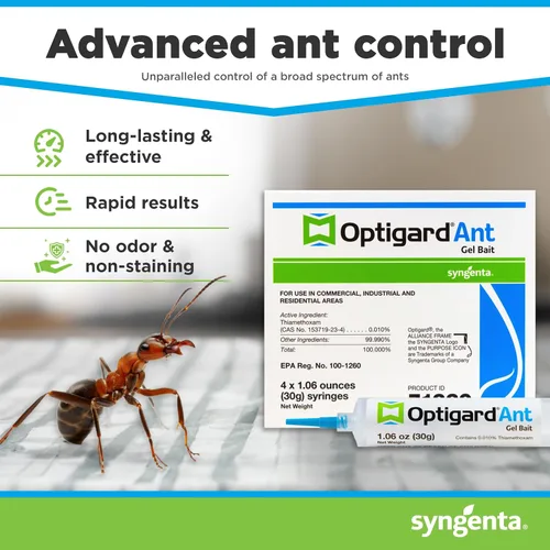 Vista 2 de Optigard Ant Gel Bait, 4 tubos x 1.06 oz, 1 émbolo y 2 puntas, cebo eficaz, formulado con 0.01% de tiametoxam, uso en interiores y exteriores, gel