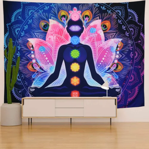 Vista 3 de Maccyafst Seven Chakra Yoga Meditación Colgante de Pared – Colorido Mandala Indio Hippie Chakra Tapiz para habitación de estudio (H51.2 W59.1)