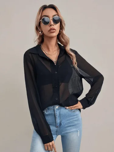 Vista 6 de Floerns Blusa de manga corta con botones de malla transparente para mujer