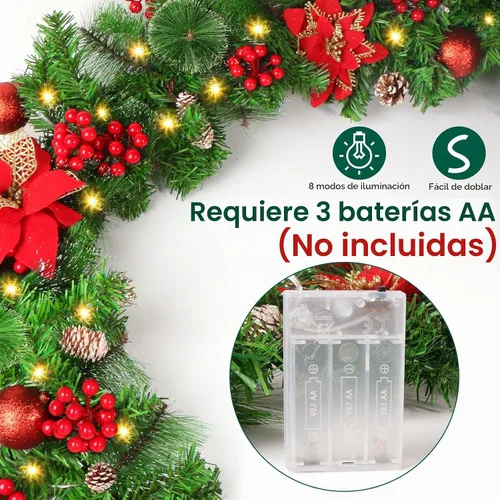 Vista 3 de Guirnalda de Navidad con Luces, Guirnalda Iluminada de Navidad de 2.74 m con 30 LED, Guirnalda Preiluminada Operada con Pilas, Guirnalda de Navidad