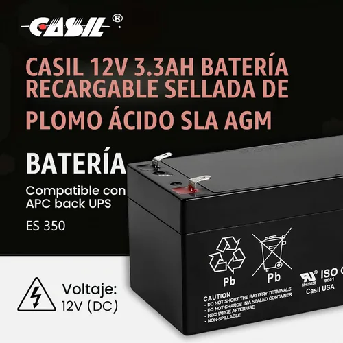 Vista 2 de Casil 12V 3.3AH recargable sellada plomo ácido SLA AGM batería reemplaza 12volt 3ah 3.2ah 3.4ah