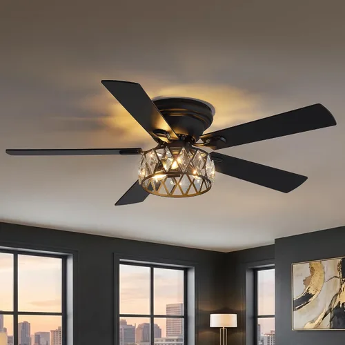 Vista 9 de Ventiladores de techo de montaje empotrado de 52 pulgadas con luces y control remoto, 5 aspas de doble cara, motor CC reversible de 6 velocidades