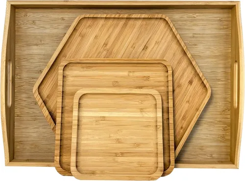 Vista 10 de Bandejas de bambú con tablas de cortar 16.5"x11.8" (42x30cm con asa, el set incluye platos de 0.63" (1.6cm) de grosor 1xHexágono 12.5" (32cm) +