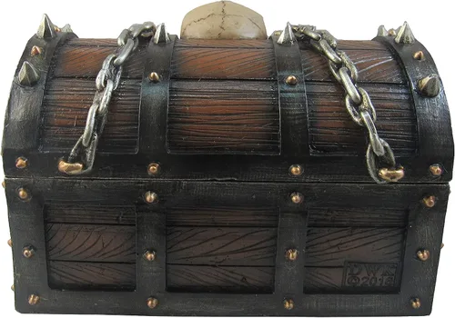Vista 6 de DWK Cofre del tesoro del terror con calaveras y cadenas, caja de baratijas de cofre de pirata de 6 pulgadas.