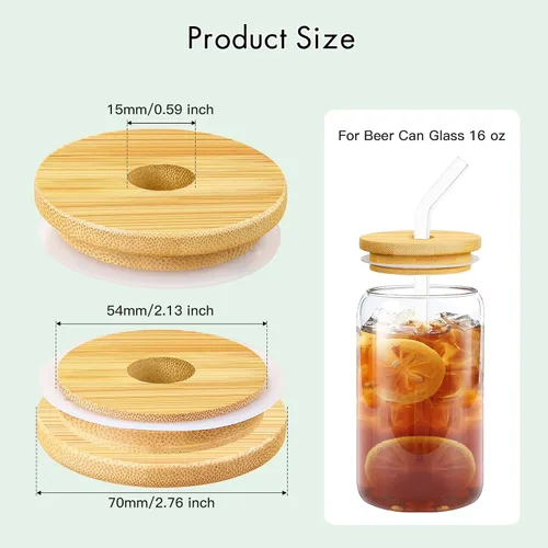 Vista 5 de Tapas de bambú para vasos de vidrio, tapas de madera para latas de cerveza de 16 oz con agujero para pajilla, cubierta de repuesto para tarros Mason
