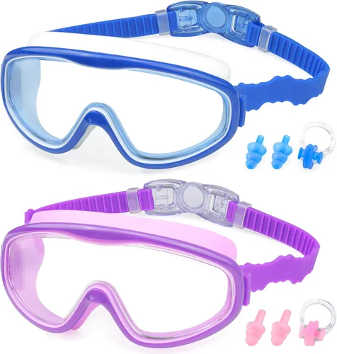 Vista 10 de KAILIMENG Gafas de natación para niños, paquete de 2 gafas de natación para edades de 3 a 15 años, antivaho y anti-rayos UV Cear de visión amplia
