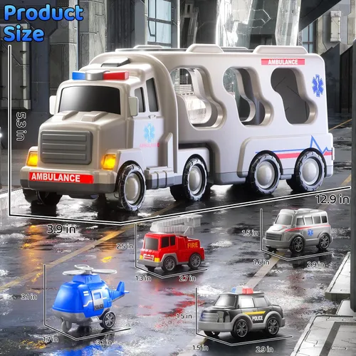 Vista 6 de Juego de Juguetes de Ambulancia para Niños Pequeños de 1-3 y 3-5 años, Juego de Camión Transportador con Coches de Juguete, Luz y Sonido, Juguetes