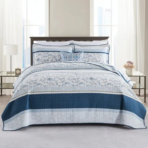 Vista 10 de DDUOXIN Edredón 100 % algodón, tamaño Queen, moderno, botánico, con 2 fundas de almohada, colcha con estampado floral a rayas, juego de ropa de cama