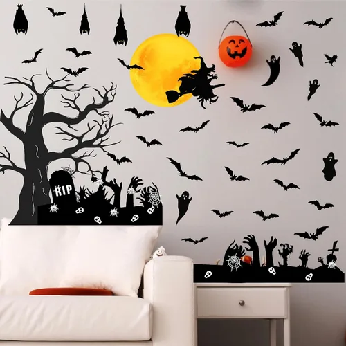 Vista 6 de Barri Design Calcomanías de pared de murciélago de Halloween, árbol de luna, bruja, calcomanías de pared extraíbles para Halloween, calcomanías
