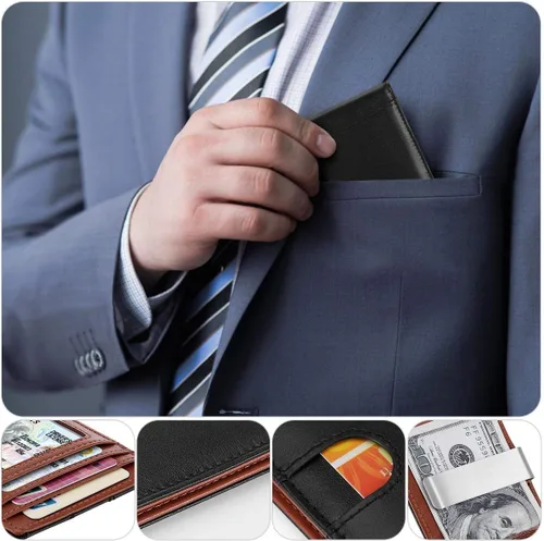 Vista 5 de HAWEE Cartera delgada de cuero extraíble con bloqueo RFID de cuero genuino, Negro sin cremallera, Minimalista