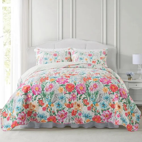 Vista 34 de NEWLAKE - Juego de cubrecama reversible de microfibra bordada con patrón floral en relieve en jacquard beige, tamaño queen