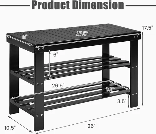 Vista 3 de Giantex Banco de zapatos de entrada, organizador de zapatos de bambú con capacidad para hasta 6 pares, 3 niveles de almacenamiento de zapatos Negro