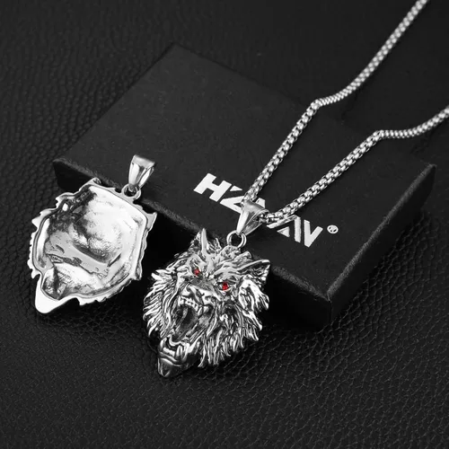 Vista 3 de HZMAN Norse Viking Wolf Necklace for Men Boys Stainless Steel Gothic Punk Fenrir Wolf Head Animal Pendant Jewelry Gift
