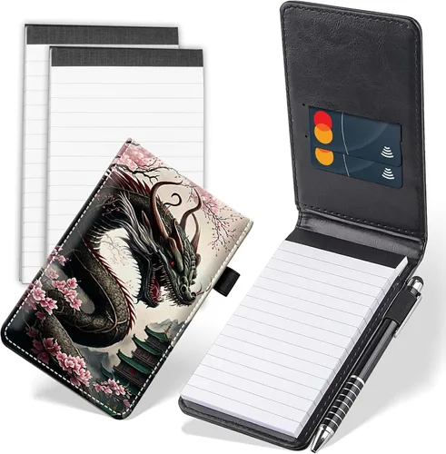 Vista 22 de Juego de 4 mini bloc de notas de bolsillo, diseño de corazón de dinosaurio, funda de piel sintética, soporte para notas con 2 ranuras para tarjetas
