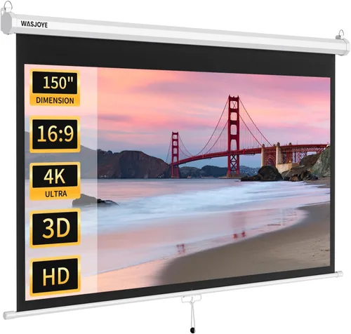 Vista 11 de WASJOYE Pantalla de proyector de 84 pulgadas manual desplegable – Pantalla de proyección retráctil HD 16:9 con bloqueo automático – Pantalla