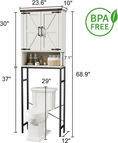 Vista 2 de Gabinete de almacenamiento sobre el inodoro con puertas estilo granja y estante ajustable, organizador de baño alto con soporte de metal que ahorra