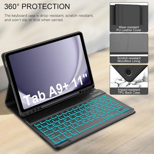 Vista 6 de Funda para Galaxy Tab A9 Plus con teclado de 11 pulgadas, retroiluminación de 7 colores, teclado Bluetooth inalámbrico desmontable, funda
