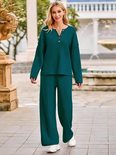 Vista 5 de MEROKEETY Conjunto de 2 piezas para mujer, de manga larga, con botones, suéter y pantalones, conjuntos de descanso