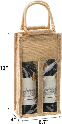 Vista 2 de Peohud Paquete de 2 bolsas de arpillera para botellas de vino, 4 botellas de yute para vino, bolsas de regalo de embalaje vintage con ventana y asa
