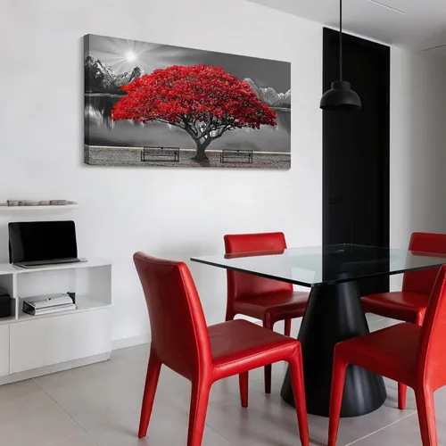 Vista 5 de Mofutinpo Arte de Pared de Árbol Rojo en Blanco y Negro Impresión en Lienzo Cuadro Paisaje de Árbol Rojo Grande Obra de Arte Moderna para Sala
