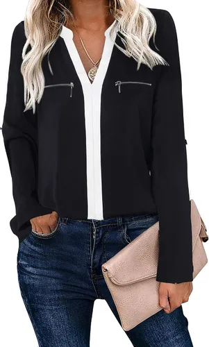 Vista 3 de Gaharu Camisas de manga 34 Casaul para mujer, blusas de gasa con cuello en V