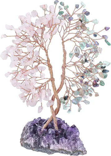 Vista 8 de mookaitedecor Árbol de cristal de aventurina verde natural y aguamarina con base de racimo de amatista, árbol del dinero de la vida adorno