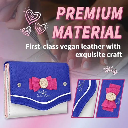Vista 3 de Girsl - Cartera estética kawaii, pequeña, de piel vegana, de tres pliegues, de anime, para adolescentes, niñas pequeñas, color rosa, azul