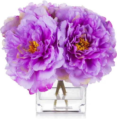 Vista 10 de ENOVA FLORAL Flores de seda de peonías en jarrón, flores falsas con agua sintética en jarrón de vidrio para decoración de mesa de comedor, centros