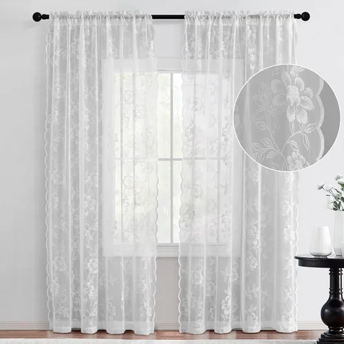 Vista 2 de FINECITY Cortinas de Encaje Blanco de 63 Pulgadas de Largo, Cortinas de Encaje Transparente con Bordado Floral de Hojas Estilo Rústico Campestre