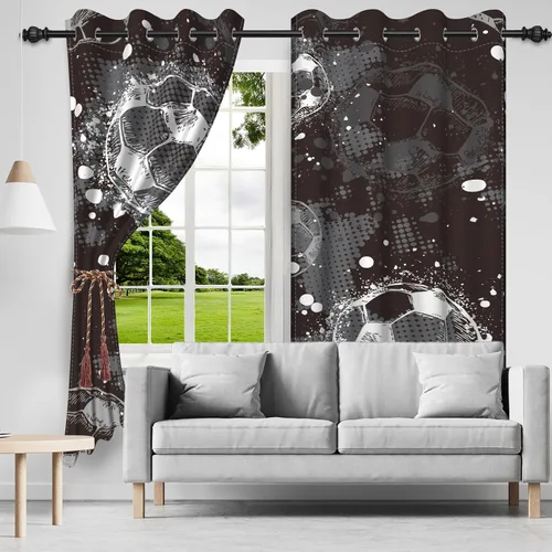 Vista 3 de Cortinas opacas de fútbol para dormitorio de niños, con temática deportiva, para sala de fútbol, cortinas de fútbol en blanco y negro