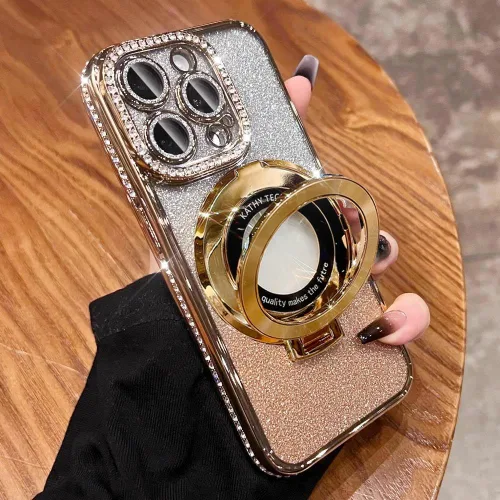 Vista 2 de Soporte magnético con patas (Protector de lente brillante) Funda para iPhone 15 14 13 12 Pro Max (Compatible con Magsafe) Cubierta brillante