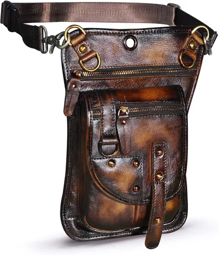 Vista 3 de Le'aokuu Riñonera deportiva de cuero genuino para mujer y hombre, riñonera, para montar a la cadera, para muslo, piernas cruzadas